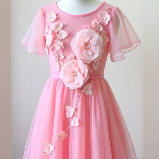 Abito da cerimonia in chiffon rosa con applicazioni floreali