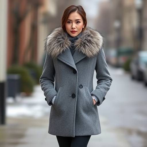 Cappotto in cachemire grigio con collo in pelliccia