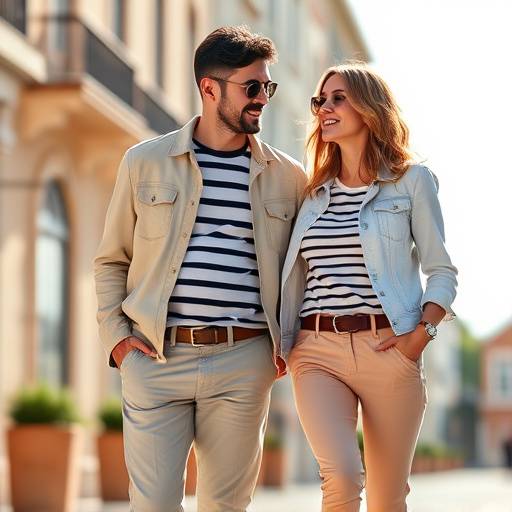 Coppia che indossa abiti coordinati in stile casual chic, con pantaloni chino, camicie a righe e giacche leggere.