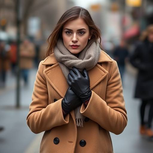Modella che indossa un cappotto cammello lungo con sciarpa in cashmere e guanti in pelle.