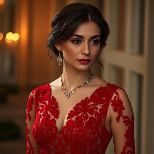 Modella che indossa un elegante abito da sera rosso con dettagli in pizzo e gioielli coordinati.