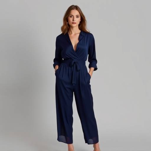 Modella che indossa una tuta elegante in seta blu notte con cintura in vita e accessori minimal.