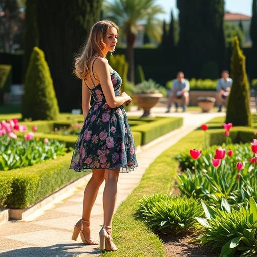 Modella con un abito floreale leggero e sandali con zeppa, passeggia tra i giardini di Villa Seraphina a Milano.