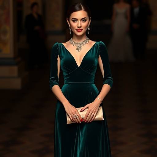 Modella con un abito lungo in velluto verde smeraldo, gioielli d'epoca e clutch in raso.