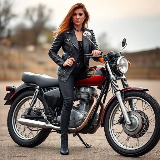 Modello con una giacca di pelle nera, jeans skinny e stivali da motociclista, posa davanti ad una moto d'epoca.