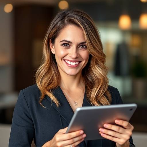 Ritratto di Giulia Bianchi, responsabile marketing di Sartoria Seraphina, con un tablet in mano e un sorriso professionale