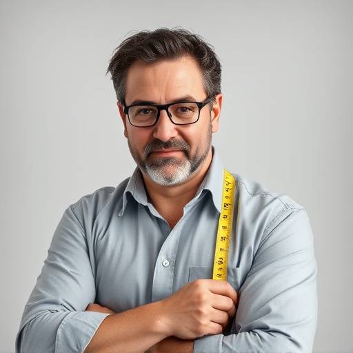 Ritratto di Marco Ferrari, responsabile produzione di Sartoria Seraphina, in posa con un metro da sarto intorno al collo