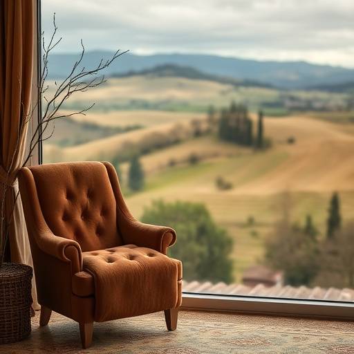Un cappotto in cachemire color cammello, parte della collezione 'Autunno in Toscana', drappeggiato su una sedia di velluto, con uno sfondo di colline toscane sfocate.