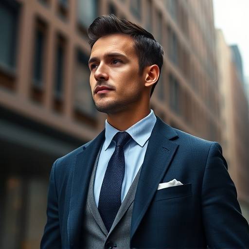 Un completo da uomo su misura in lana blu scuro, parte della collezione 'Eleganza Urbana', indossato da un modello in posa davanti a un edificio moderno.