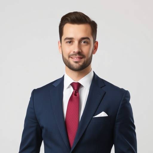 Uomo che indossa un completo sartoriale blu navy con camicia bianca e cravatta in seta bordeaux.