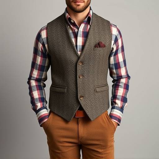 Uomo che indossa un gilet sartoriale in tweed con camicia a quadri e pantaloni in velluto a coste.